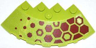 Lego Brick, Round Corner 6 x 6 with Slope 33 Edge, Facet Cutout with Dark Red Hexagons Pattern Right (Sticker) - Set 70708 / Lime