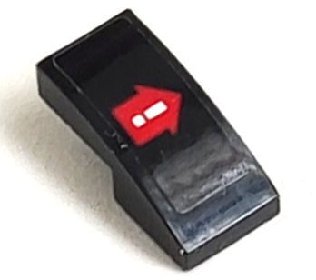 Lego Slope, Curved 2 x 1 x 2/3 with White Exclamation Mark on Red Arrow Pattern Model Right Side (Sticker) - Set 70916 / Black
