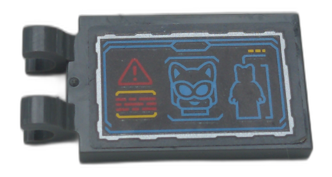 Lego Tile, Modified 2 x 3 with 2 Open O Clips with Display Screen with Red Warning Triangle, Catwoman Cowl and Minifigure Silhouette Pattern (Sticker) - Set 70923 / Dark Bluish Gray
