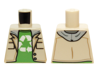 Lego Torso Jacket over Sweatshirt with Gray Hood over Bright Green Shirt, Recycling Arrows Pattern (Leonard) / Tan