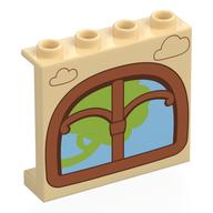 Lego Panel 1 x 4 x 3 with Nougat Window, Green Tree, Medium Blue Background Print / Tan