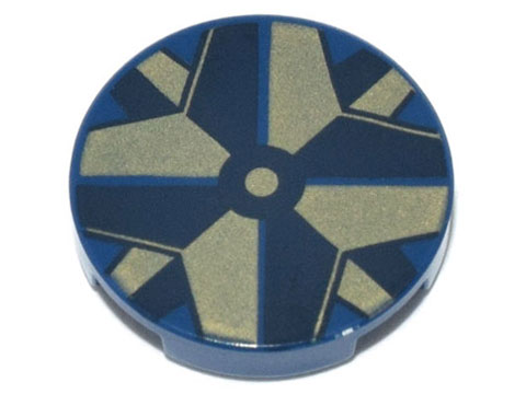 Lego Tile, Round 2 x 2 with Bottom Stud Holder with Gold and Black Compass Center Pattern / Dark Blue