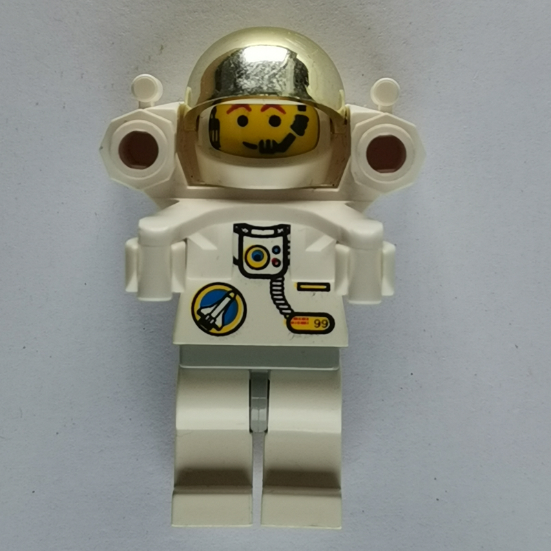 Lego Astronaut, White, Light Gray Hips, Helmet with Large Chrome Gold Visor, Rocket Pack, Headset