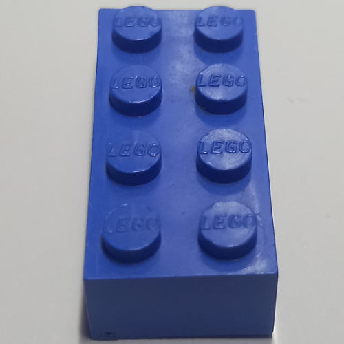 Lego Brick 2 x 4 with Old Logo on Studs and without Cross Supports / Blue