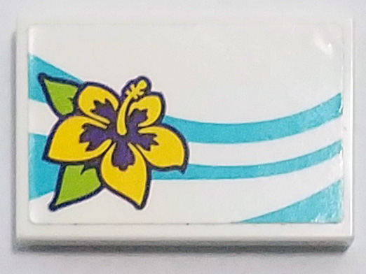 Lego Tile 2 x 3 with Medium Azure Curved Lines, Yellow Flower with Lime Leaves Pattern Model Right Side (Sticker) - Set 41317 / White