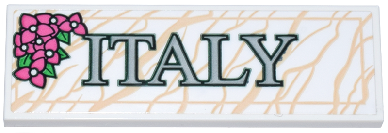 Lego Tile 2 x 6 with Marble Plaque with Tan Veins, Dark Pink Flowers with Leaves and Dark Green and Light Bluish Gray 'ITALY' Pattern (Sticker) - Set 40818 / White