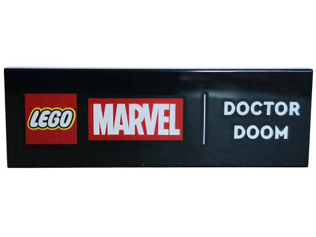 Lego Tile 2 x 6 with LEGO Marvel Logo and White 'DOCTOR DOOM' Pattern / Black