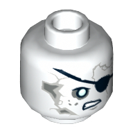 Lego Minifig Head Lieutenant Lesaro, Gray Cracks and Spots, Black Eyepatch, White Eyes, Crooked Scowl Print [Hollow Stud] / White