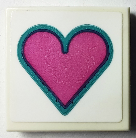 Lego Tile 2 x 2 with Dark Pink Heart with Dark Turquoise Outline Pattern (Sticker) - Set 40385 / White