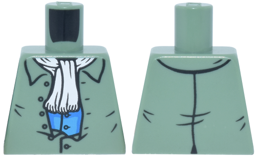 Lego Torso Shirt Partially Open with Buttons over Blue and Dark Azure Vest, White Scarf with Fringe Pattern / Sand Green