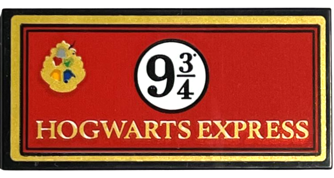 Lego Tile 2 x 4 with Gold 'HOGWARTS EXPRESS', Crest, and Black '9 3/4' in White Circle on Red Background with Border Pattern (Sticker) - Set 76405 / Black