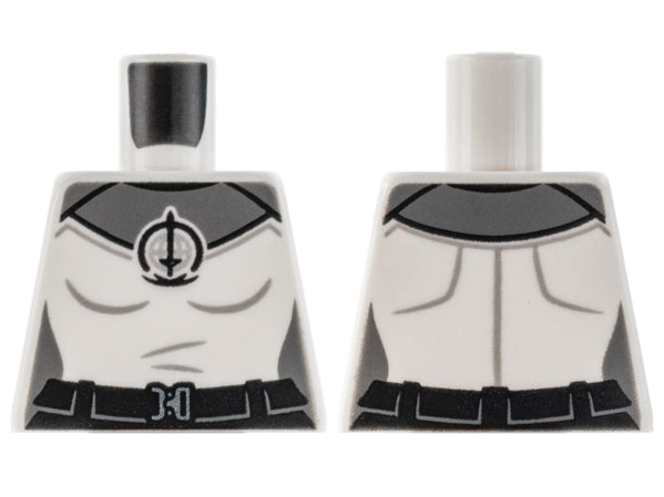 Lego Torso Female, Dark Bluish Gray Shoulders, SWORD Logo Pattern / White