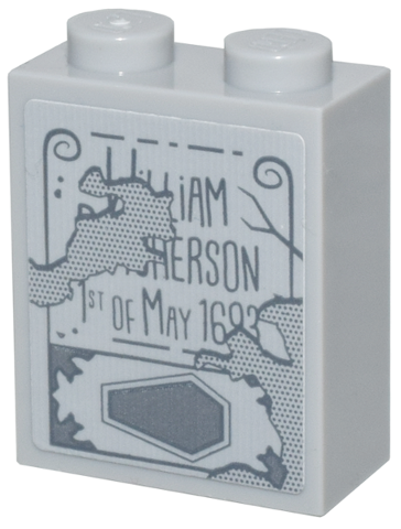 Lego Brick 1 x 2 x 2 with Inside Stud Holder with Tombstone with Dark Bluish Gray Coffin and 'WiLLiAM BUTCHERSON 1ST OF MAY 1693' Pattern (Sticker) - Set 21341 / Light Bluish Gray