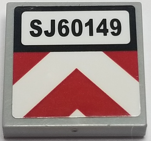 Lego Tile 2 x 2 with 'SJ60149' and Red and White Chevron Caution Stripes Pattern (Sticker) - Set 60149 / Light Bluish Gray