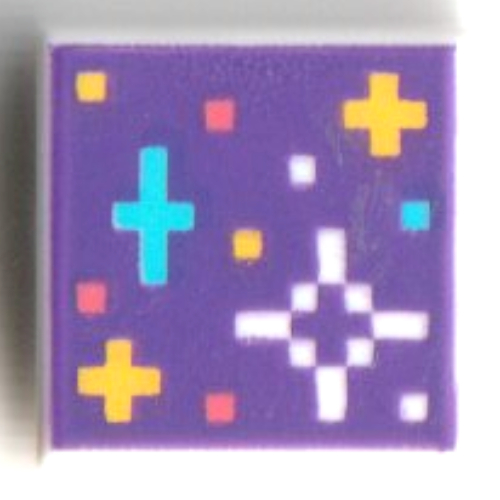 Lego Tile 1 x 1 with Pixelated Bright Light Orange/Dark Azure/White Stars on Dark Purple Background Print / White