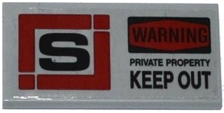 Lego Tile 2 x 4 with 'S' in Dark Red Square, 'WARNING', 'PRIVATE PROPERTY' and 'KEEP OUT' Pattern (Sticker) - Set 79115 / Light Bluish Gray