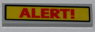 Lego Tile 1 x 4 with Red 'ALERT!' on Yellow Background Pattern (Sticker) - Set 6860 / Light Bluish Gray