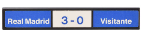 Lego Tile 1 x 6 with Scoreboard '3-0' and White 'Real Madrid' 'Visitante' on Blue Background Pattern (Sticker) - Set 10299 / Black