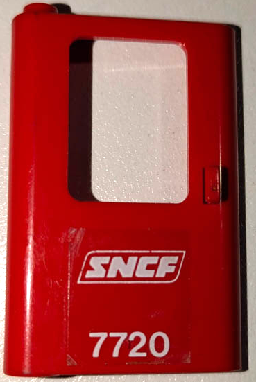 Lego Door 1 x 4 x 5 Train Left, Thin Support at Bottom with White 'SNCF 7720' Pattern (Sticker) - Set 7720