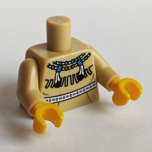 Lego Torso Buckskin Tunic, American Indian Necklace and Fringe, Wrinkles Print, Tan Arms, Yellow Hands
