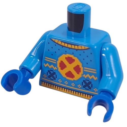 Lego Torso, Christmas Sweater, Yellow/Red X-Men Logo, Wolverine on Back Print, Dark Azure Arms, Blue Hands
