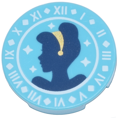 Lego Tile, Round 2 x 2 with Bottom Stud Holder with Dark Blue Cinderella Silhouette, Gold Hairband, and White Clock Face Pattern / Medium Azure
