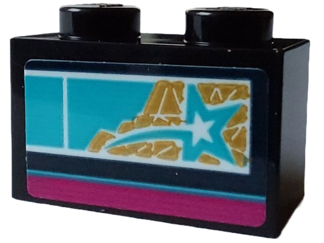 Lego Brick 1 x 2 with Medium Azure Star on Gold Mosaic Pattern (Pop Star Tour Bus) on Both Sides (Stickers) - Set 4002022 / Black