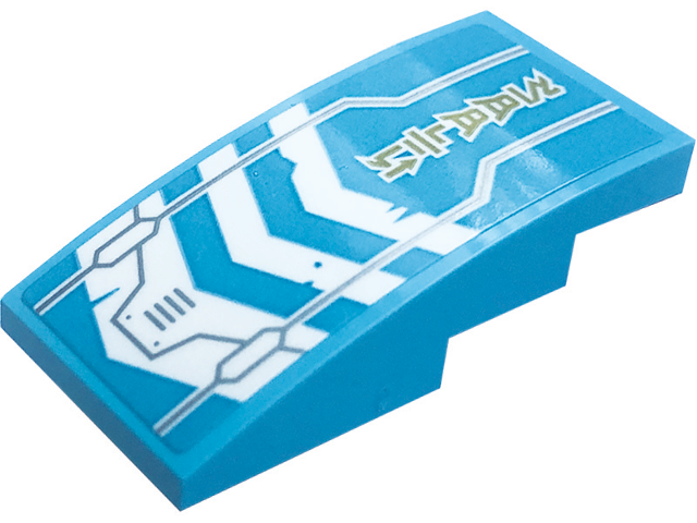 Lego Slope, Curved 4 x 2 with White Chevrons, Silver Rivets and Hull Plate Outlines and Gold Ninjago Logogram 'SPEED' Pattern (Sticker) - Set 71791