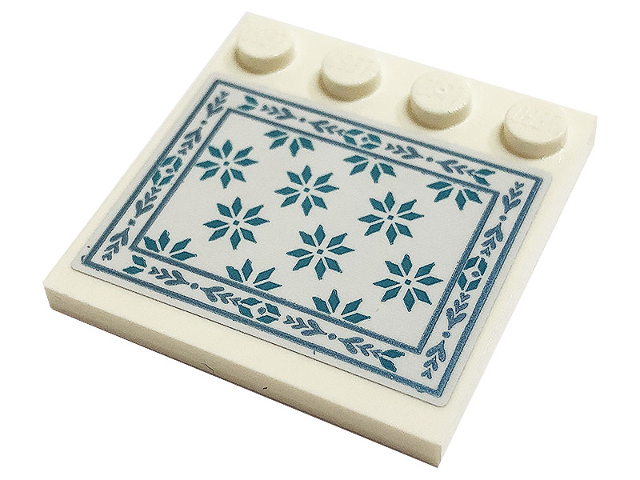 Lego Tile, Modified 4 x 4 with Studs on Edge with Blanket with Metallic Light Blue Snowflakes and Ornate Border Pattern (Sticker) - Set 43197