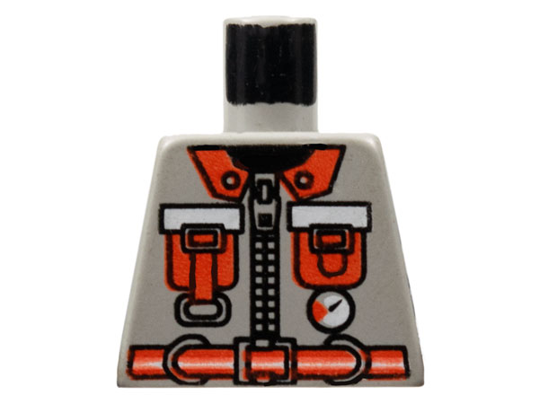 Lego Torso Fire Uniform Shirt with Zipper, White Gauge, Neon Red Lapels, Pockets with Straps and Belt with Stripe, Black Neck Pattern / Light Gray