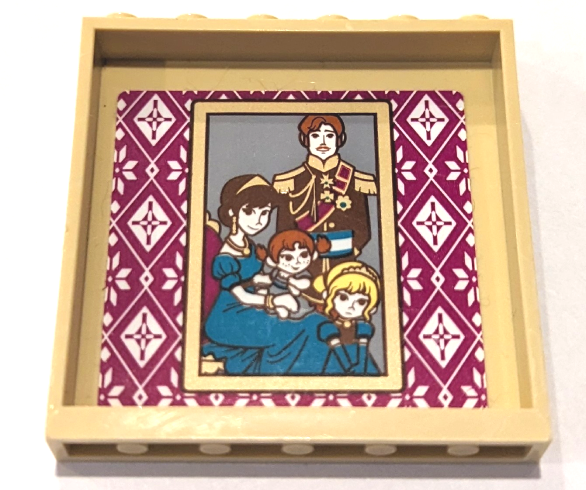 Lego Panel 1 x 6 x 5 with Portrait of Elsa, Anna, King, and Queen of Arendelle on Magenta and White Wallpaper Pattern (Sticker) - Set 41167 / Tan