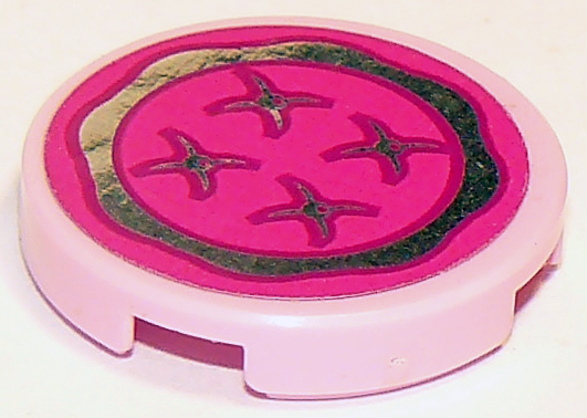 Lego Tile, Round 2 x 2 with Bottom Stud Holder with Magenta Cushion with Chrome Silver Trim and Buttons Pattern (Sticker) - Set 41095