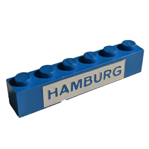 Lego Brick 1 x 6 with Blue on White 'HAMBURG' Print / Blue