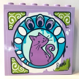 Lego Panel 1 x 6 x 5 with Medium Lavender Cat Design in Light Aqua and Medium Azure Circles and 'Emma' Pattern (Sticker) - Set 41365 / Lavender