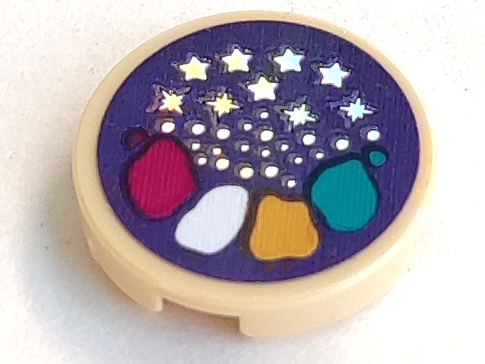 Lego Tile, Round 2 x 2 with Bottom Stud Holder with Paint Patches, Silver Stars and Dots Pattern (Sticker) - Set 41687 / Tan