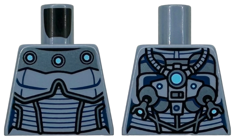 Lego Torso Armor with Medium Azure Circles on Metallic Light Blue Chest Panel, Dark Blue Lines Pattern / Sand Blue