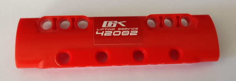 Lego Technic, Panel Curved 11 x 3 with 10 Pin Holes through Panel Surface with White 'OK LIFTING SERVICE' and '42082' Pattern (Sticker) - Set 42082