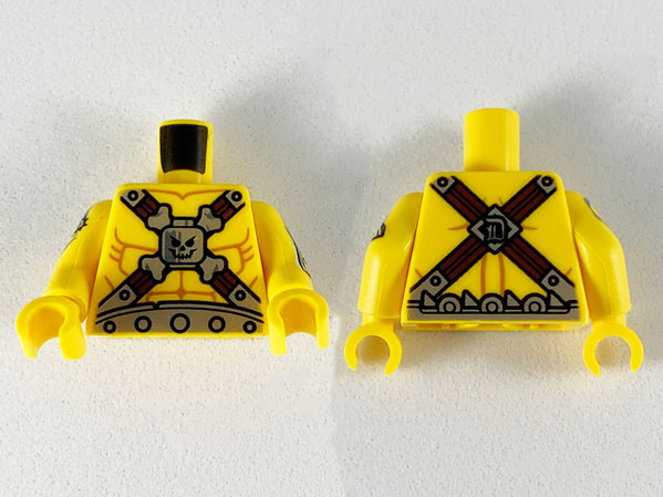 Lego Torso Muscles Outline, Cross Straps, Silver Belt, Buckles, Head, Crossbones Pattern / Yellow Arms with Surfboard and Chainsaw Pattern / Yellow Hands