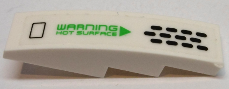 Lego Slope, Curved 4 x 1 with Black Vents and Bright Green 'WARNING HOT SURFACE' Pattern Model Right Side (Sticker) - Set 70704 / White