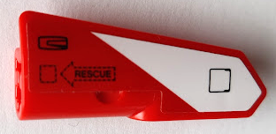 Lego Technic, Panel Fairing #22 Very Small Smooth, Side A with Black 'RESCUE' in Arrow, Hatch, and Door Handle on Red and White Stripe Pattern (Sticker) - Set 42092 / Red
