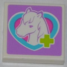 Lego Tile 2 x 2 with Lime Cross and Horse Head in Medium Azure Heart Pattern (Sticker) - Set 3188 / White