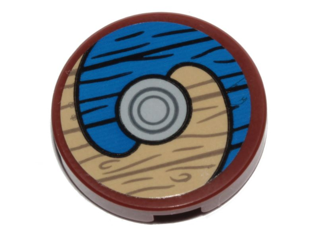 Lego Tile, Round 2 x 2 with Bottom Stud Holder with Viking Shield Blue / Tan Sections and Wood Grain Pattern (Sticker) - Set 76208