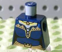 Lego Torso Female Dress with Black Laces, Blue Straps and Gold Trim over White Shirt, Waist Sash with Crown, Necklace with Bead, Yellow Neck Pattern / Dark Blue