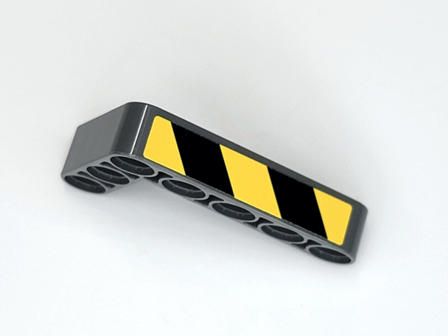 Lego Technic, Liftarm, Modified Bent Thick L-Shape 3 x 5 with Black and Yellow Danger Stripes Pattern Model Left Side (Stickers) - Set 42081 / Dark Bluish Gray