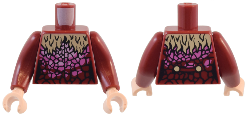 Lego Torso Female Coat with Tan Shaggy Fur Collar and Bright Pink, Dark Pink, and Black Animal Scales / Cracks Pattern / Dark Red Arms Long / Light Nougat Hands