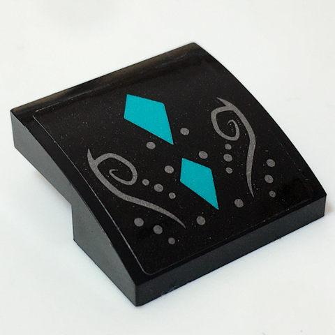 Lego Slope, Curved 2 x 2 x 2/3 with 2 Dark Turquoise Diamonds, Silver Dots and Swirls Pattern (Sticker) - Set 41196