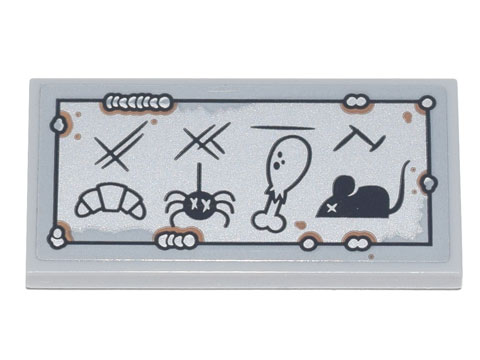 Lego Tile 2 x 4 with Menu of Croissant, Spider, Drumstick, Mouse and Metal Scratches and Rivets with Rust Pattern (Sticker) - Set 70840 / Light Bluish Gray