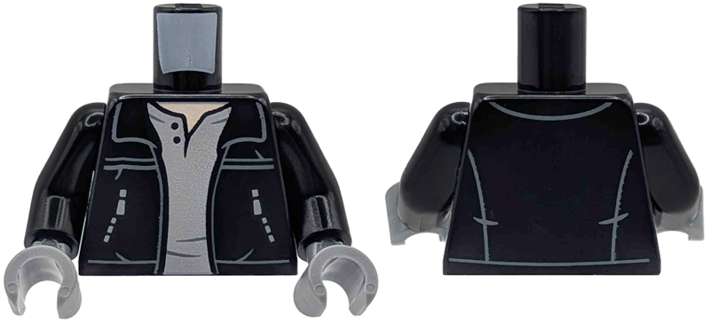 Lego Torso Jacket Open with 2 Zipper Pockets, Dark Bluish Gray Stripes and Hem Lines over Light Bluish Gray Shirt, Light Nougat Neck Pattern / Black Arms / Dark Bluish Gray Hands