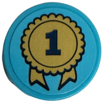 Lego Tile, Round 2 x 2 with Bottom Stud Holder with Gold Award Ribbon and Dark Blue Number 1 Pattern (Sticker) - Set 41740 / Medium Azure