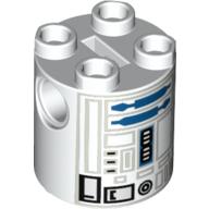 Lego Brick Round 2 x 2 x 2 Robot Body, Axle Holder '+' Orientation with Blue and Gray Astromech Droid Print (R2-D2) / White
